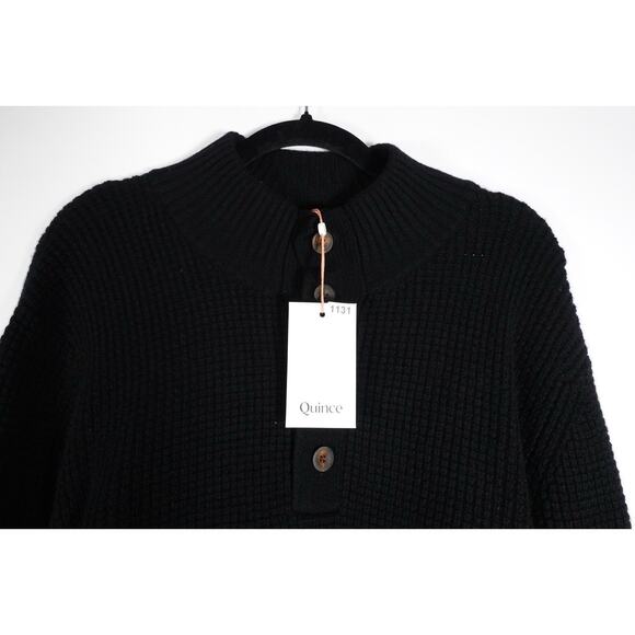 Quince Black Men's Mongolian Cashmere Waffle Quarter Button Size Large $130 1131 - Picture 2 of 7